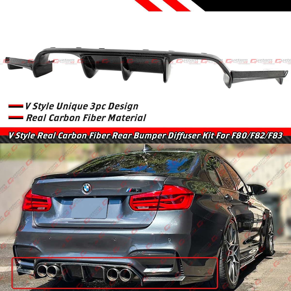 FOR 2015-20 BMW F82 F83 M4 F80 M3 V STYLE REAL CARBON FIBER REAR BUMPER DIFFUSER FOR 2015-20 BMW F82 F83 M4 F80 M3 V STYLE REAL CARBON FIBER REAR BUMPER DIFFUSER