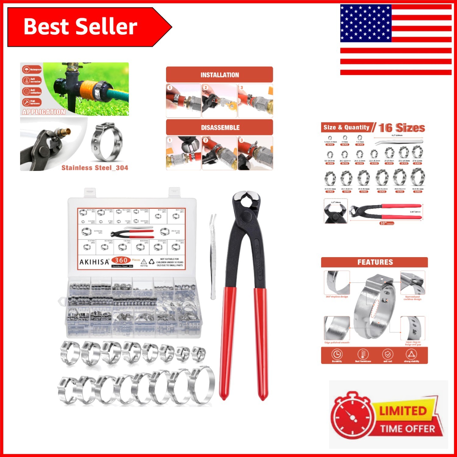 Versatile 360 PCS Hose Clamps: 16 Sizes for Automotive, Plumbing, and More