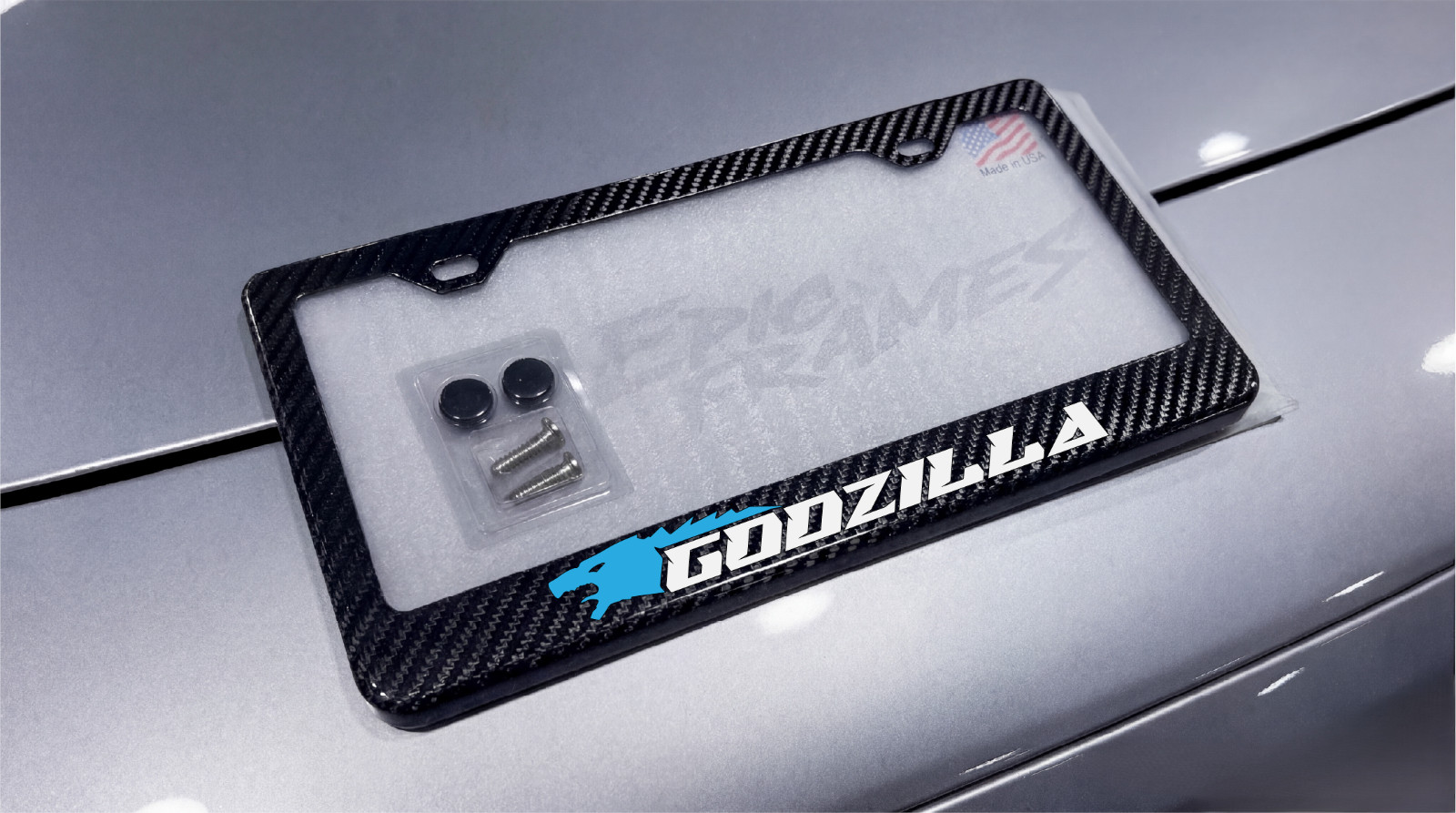 Blue Godzilla License Plate Frame 100% Real Carbon Fiber Car / Truck Frame Blue Godzilla License Plate Frame 100% Real Carbon Fiber Car / Truck Frame