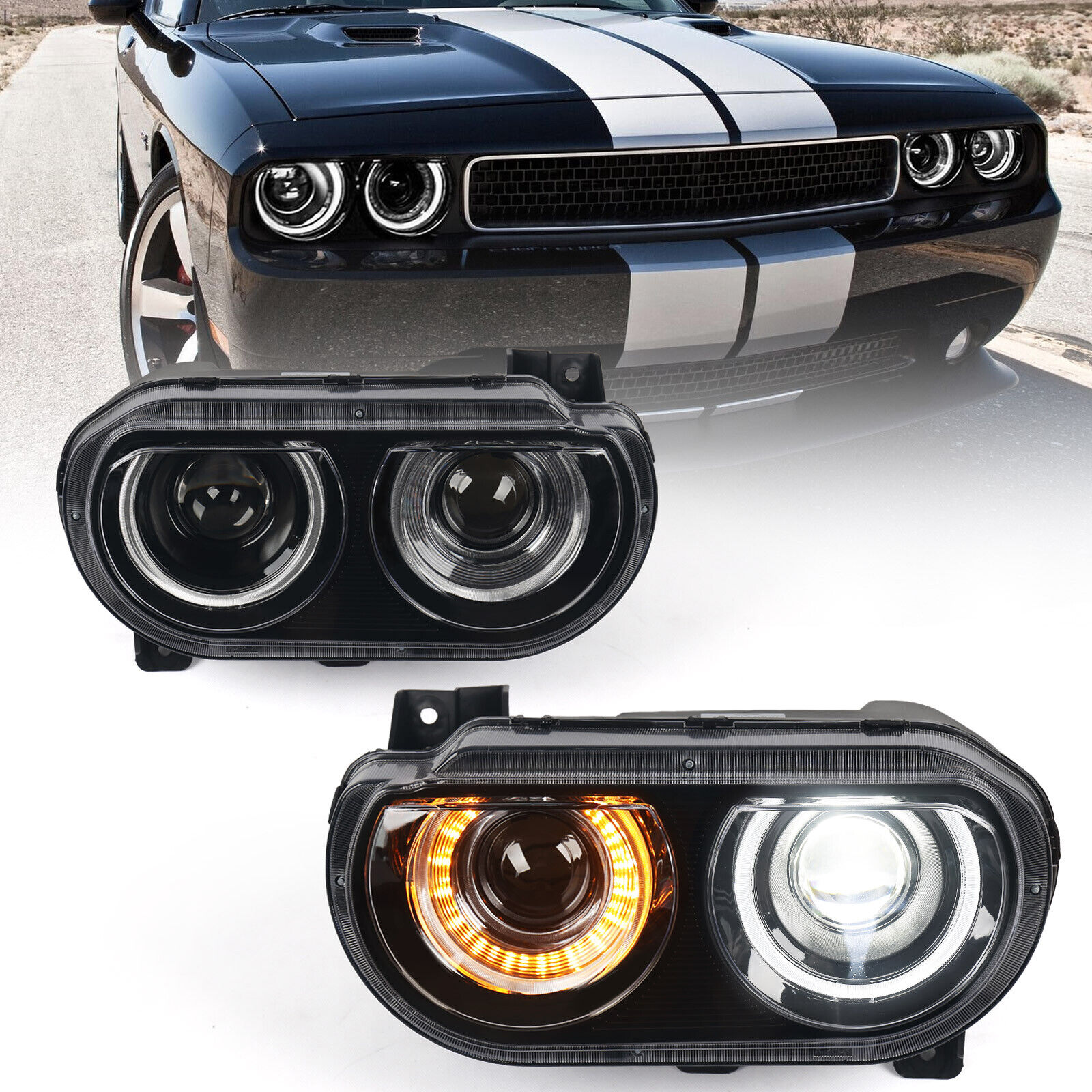 Pair For 2008-2014 Dodge Challenger Projector Upgrade Headlights Front Lamps