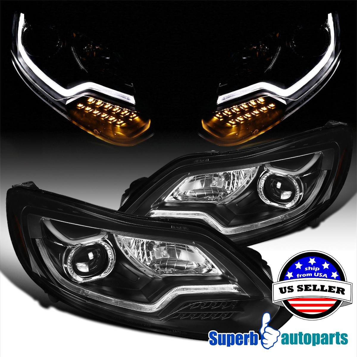 Fits 2012-2014 Ford 12-14 Focus Projector Headlights Black LED Signal Lamps Bar