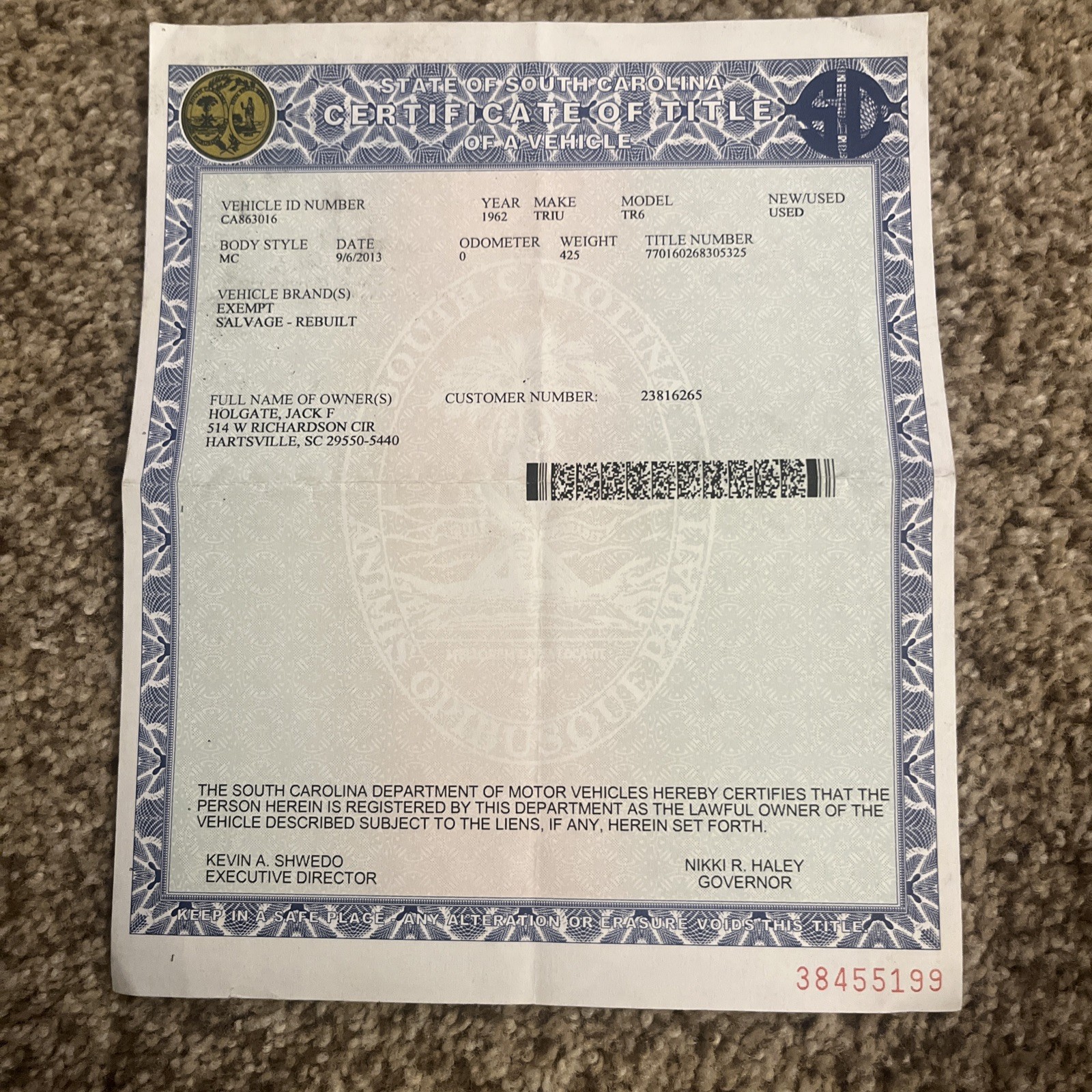 1962 Triumph Tr6 historical document pre unit