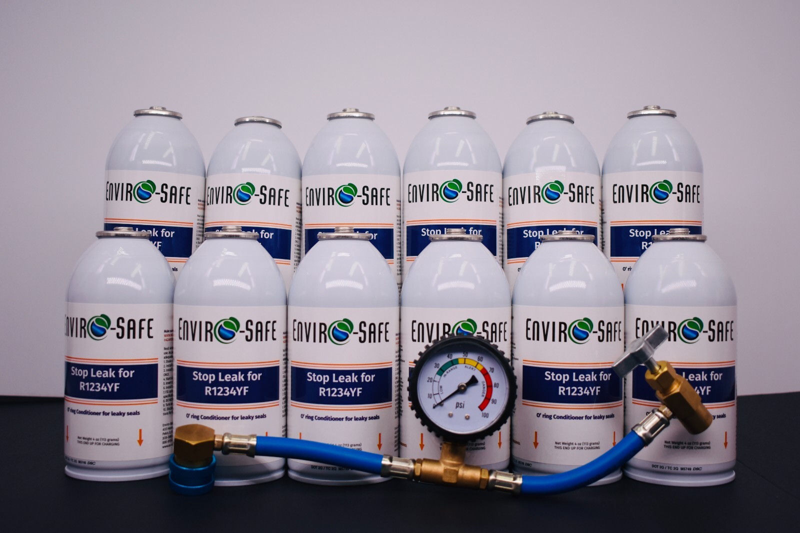 Enviro-Safe Stopleak for R1234YF, 12 cans and Brass Gauge, Stop Leaks Now