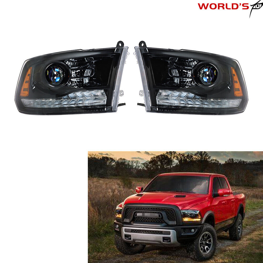 For 2009-2018 Dodge Ram Halogen Headlight w/LED DRL Black Frame Right&Left Side