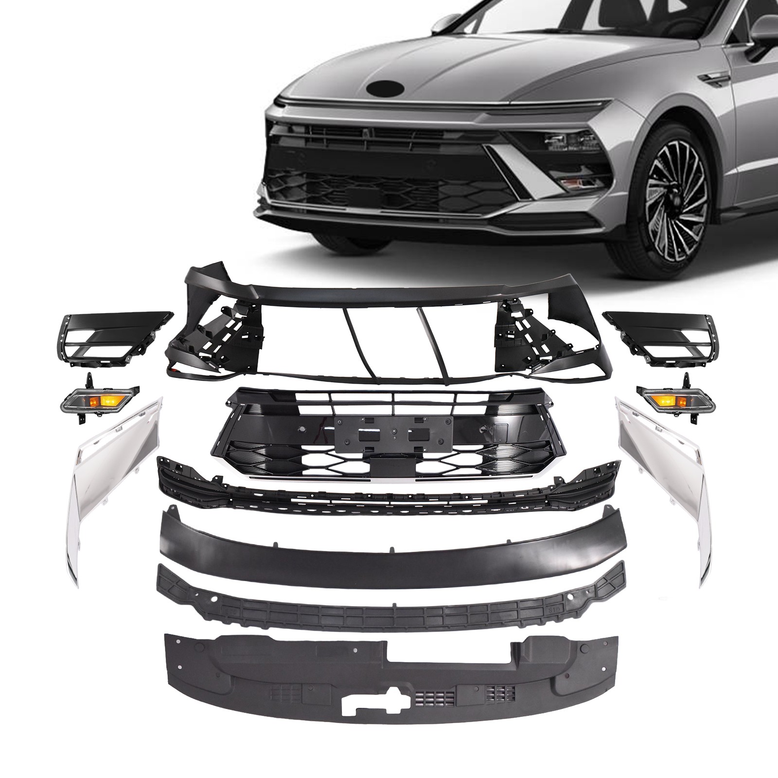 Fits 2024-2025 Hyundai Sonata Front Bumper Kit W/O Camera Hole+Fog Light Set