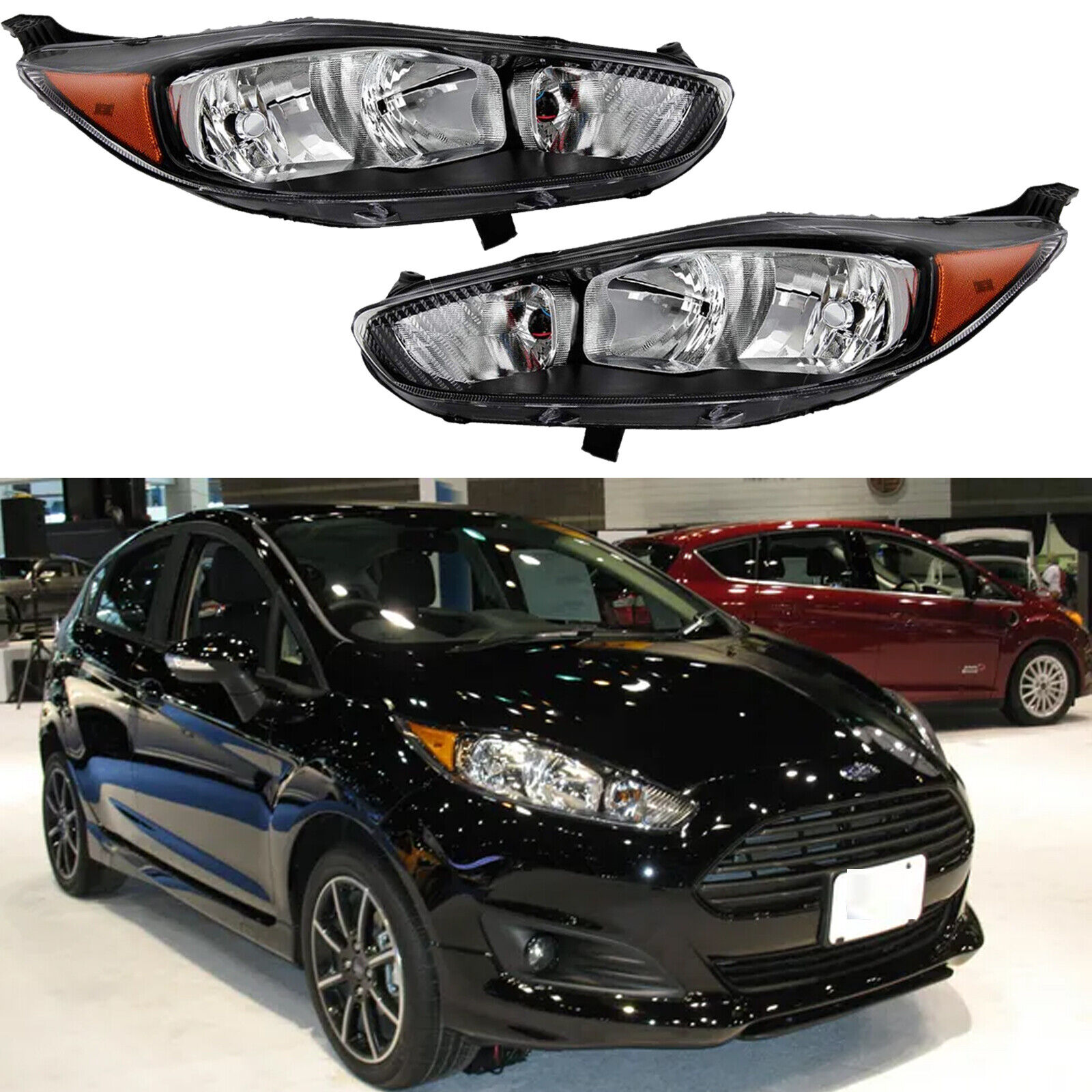 For 2014-2019 Ford Fiesta SE ST S Black Headlights Headlamps Pair W/Bulb Halogen