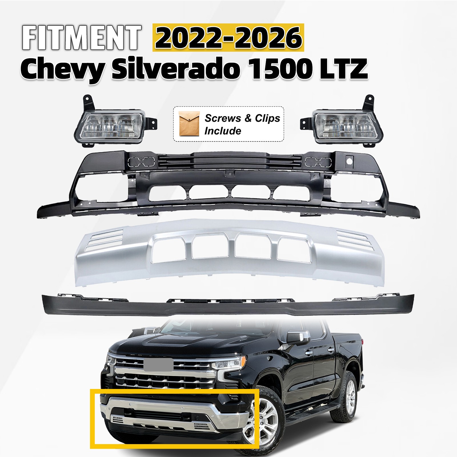 For 2022-2026 Chevy Silverado 1500 LTZ HighCountry Front Lower Bumper Cover Kit