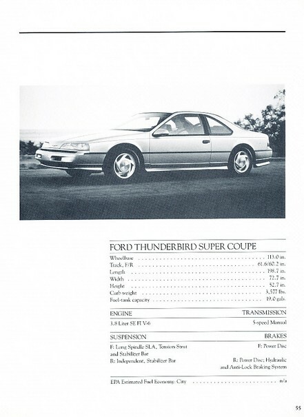 1990 Ford Thunderbird SC Spec Card Review Report Print Car Article J802
