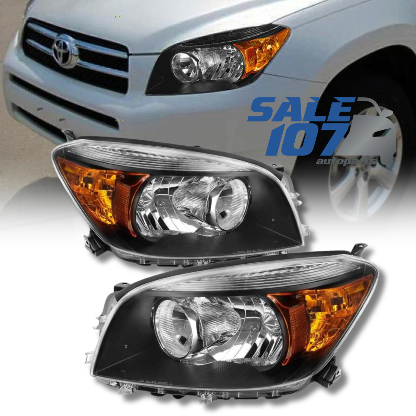 For 2006-2008 Toyota RAV4 Headlights Clear Headlamps Black Amber Left+Right Set