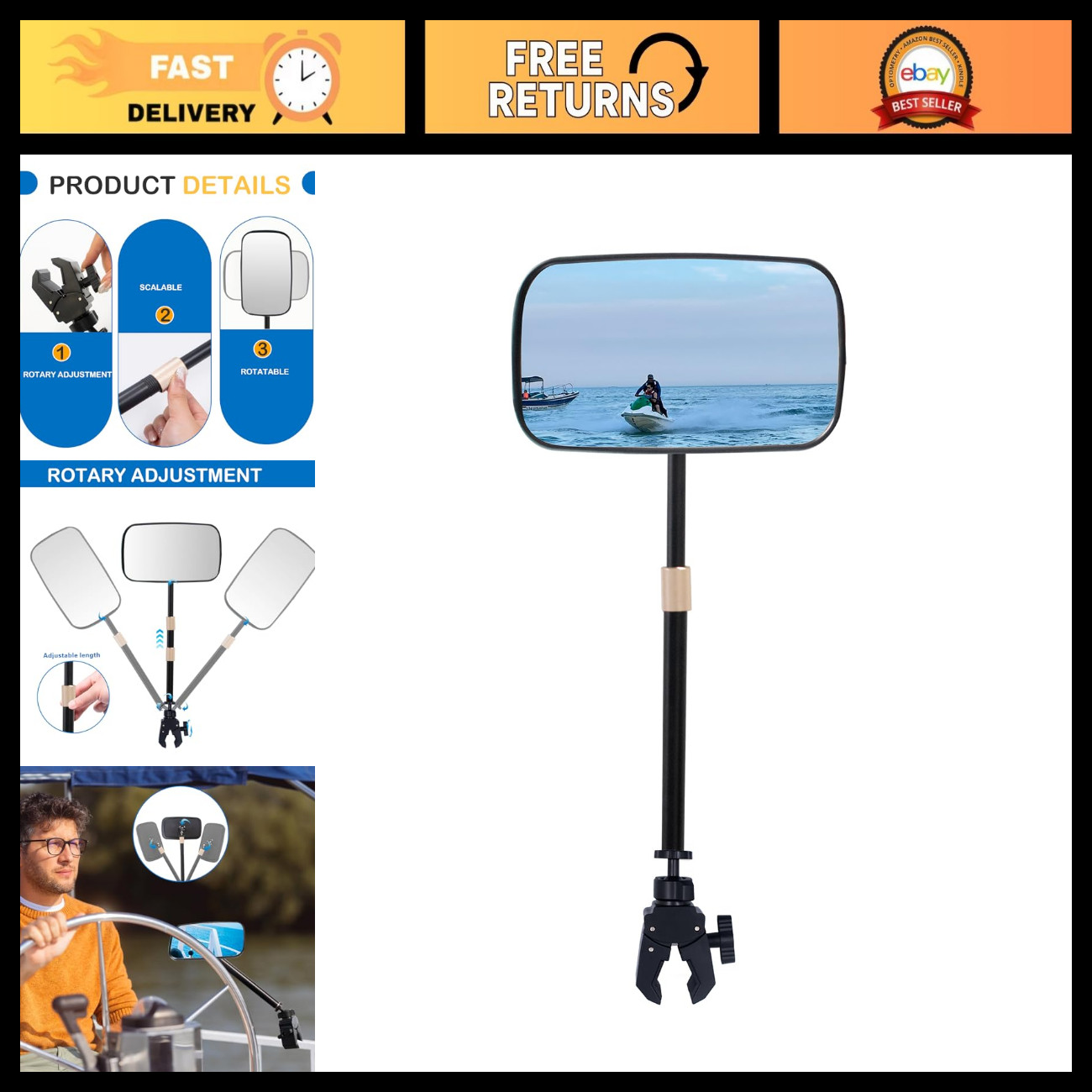 Telescoping Rear View Boat Mirror - 360° Rotation, Wide Angle for Safe Navigatio