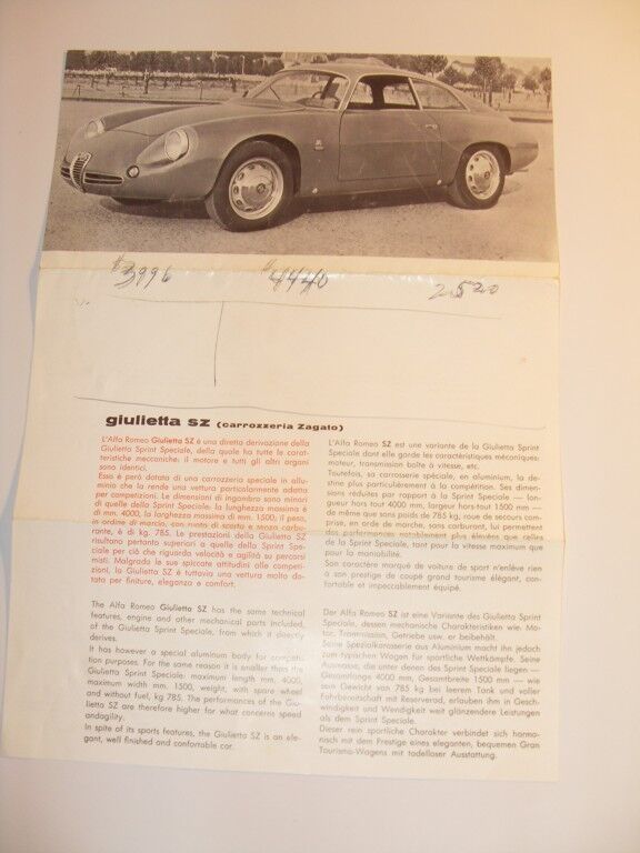 Alfa Romeo Giulietta SZ Zagato Original Sales Brochure Sheet