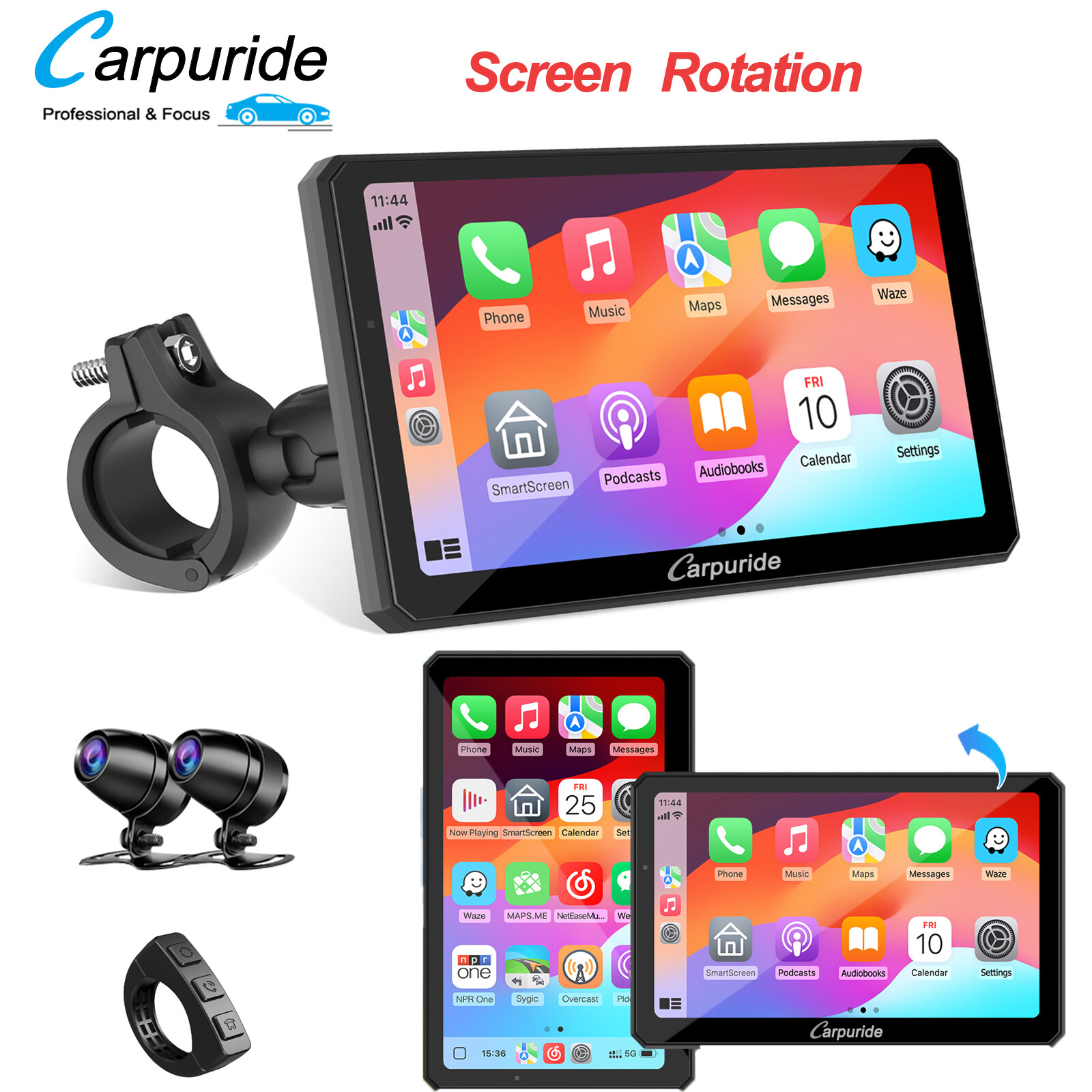 Carpuride W712D Moto Stereo Waterproof Dual Camera Wireless Carplay Android Auto