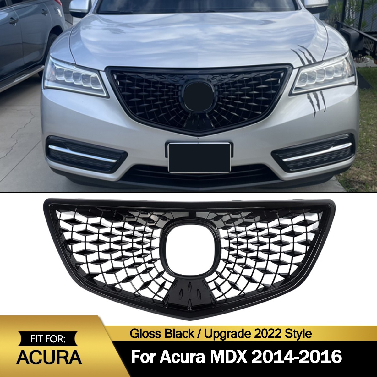 Upgrade 2022 Style Front Bumper Grille Grill For Acura MDX 2014-2016 Gloss Black