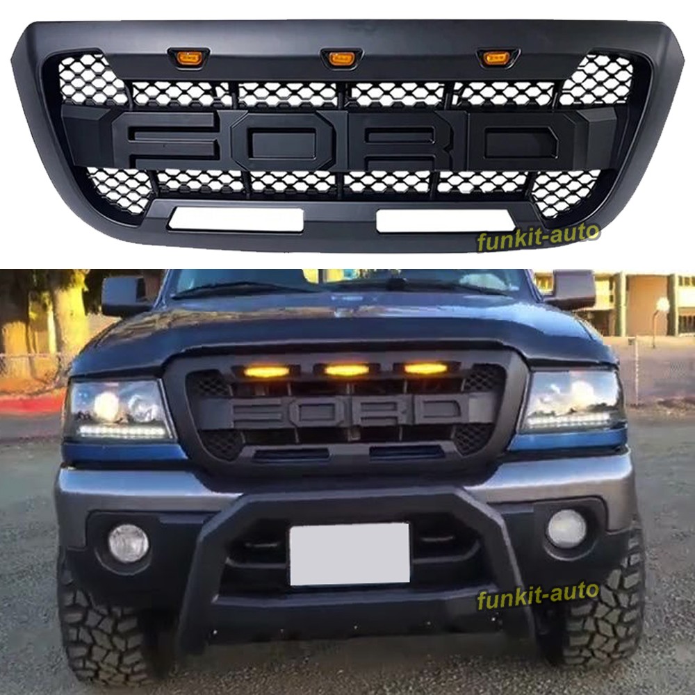 Front Grille For 2004-2011 Ford Ranger Bumper Grill W/LEDs W/Letters Matte Black