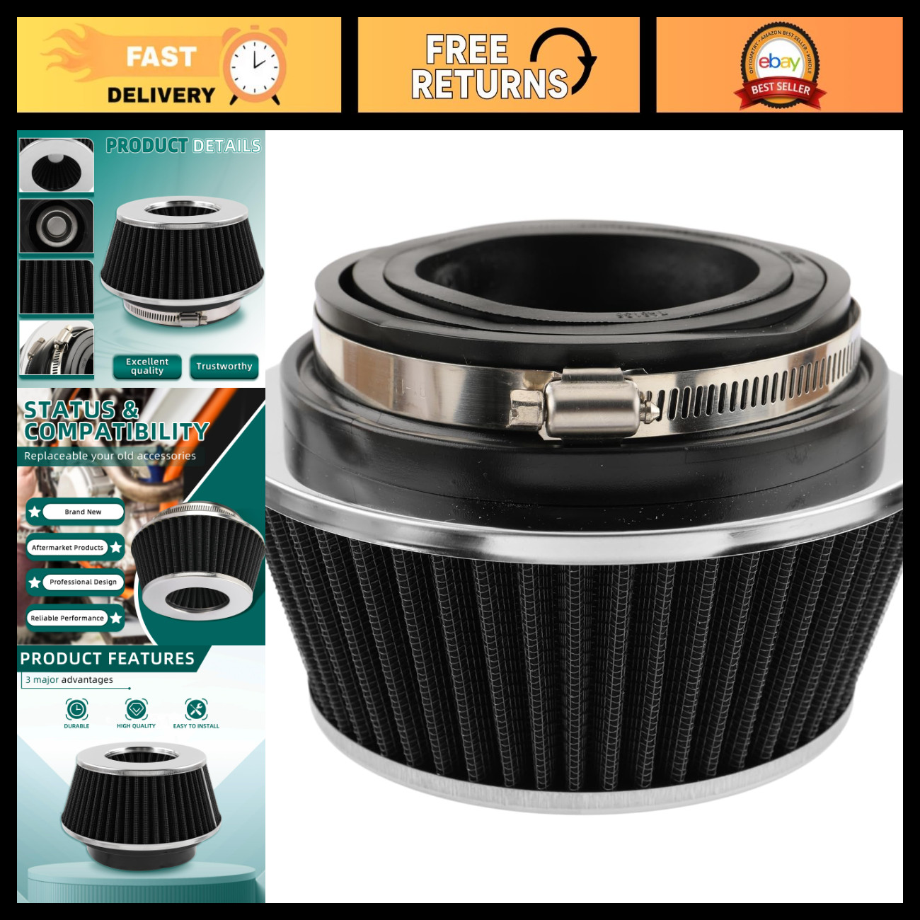 Universal Clamp-On Air Filter - Washable, Round Tapered, 3-4\