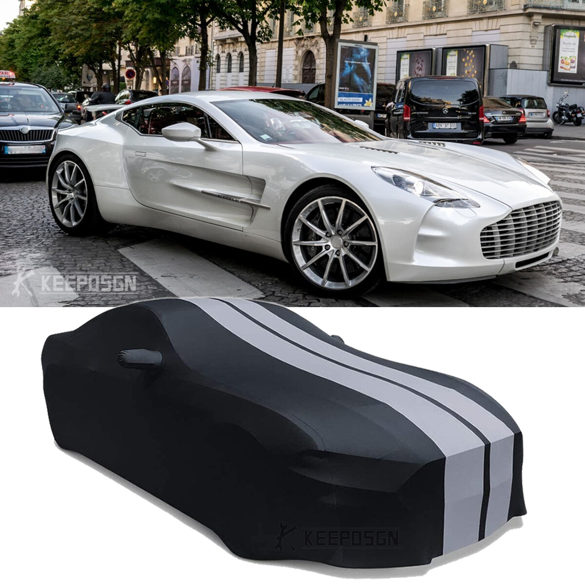 For Aston Martin One-77 Stretch Satin Car Cover Indoor Dustproof GrayStripe +Bag