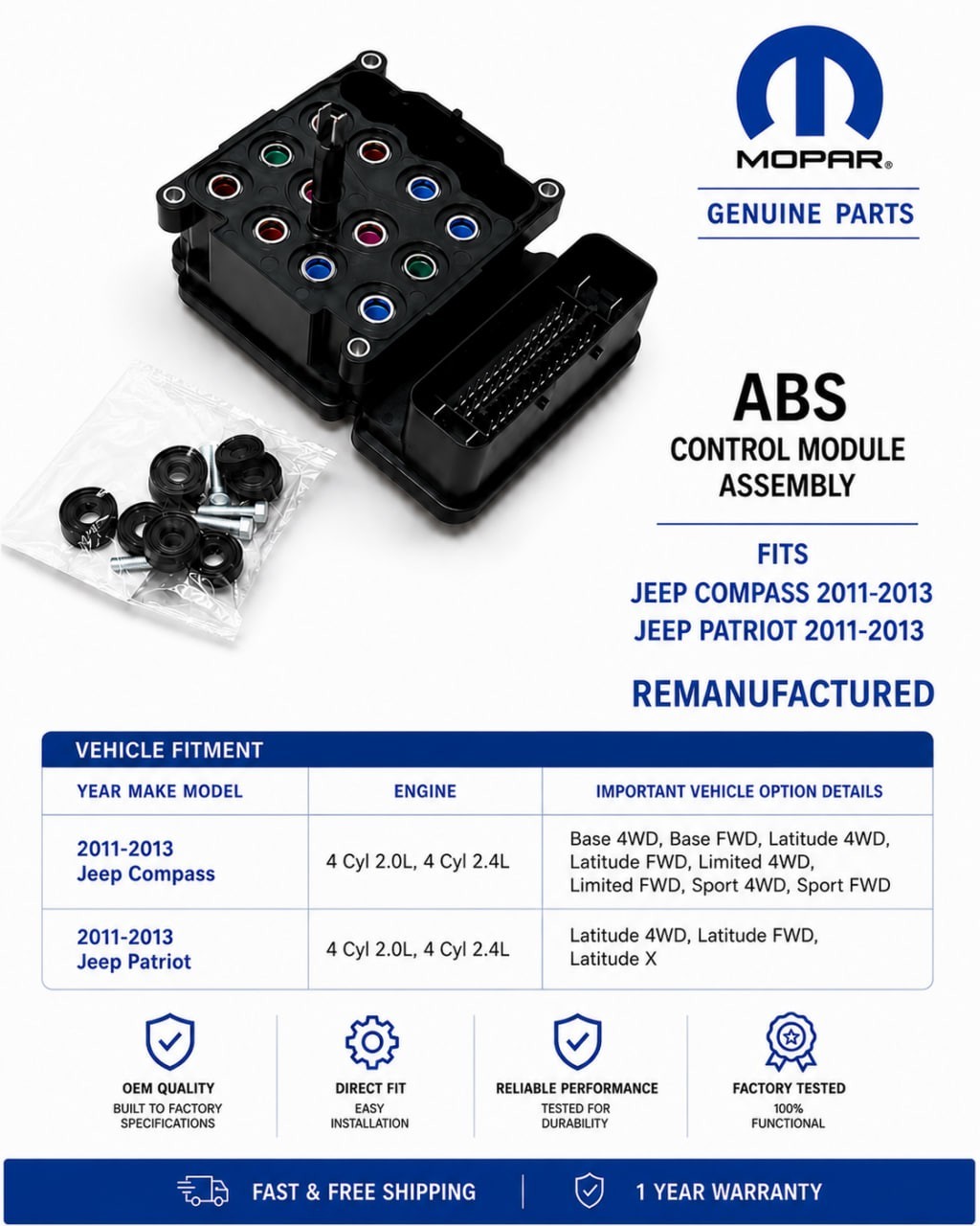 P68091115AD Genuine Mopar Jeep Patriot/Compass Abs Module P68091115AD Genuine Mopar Jeep Patriot/Compass Abs Module