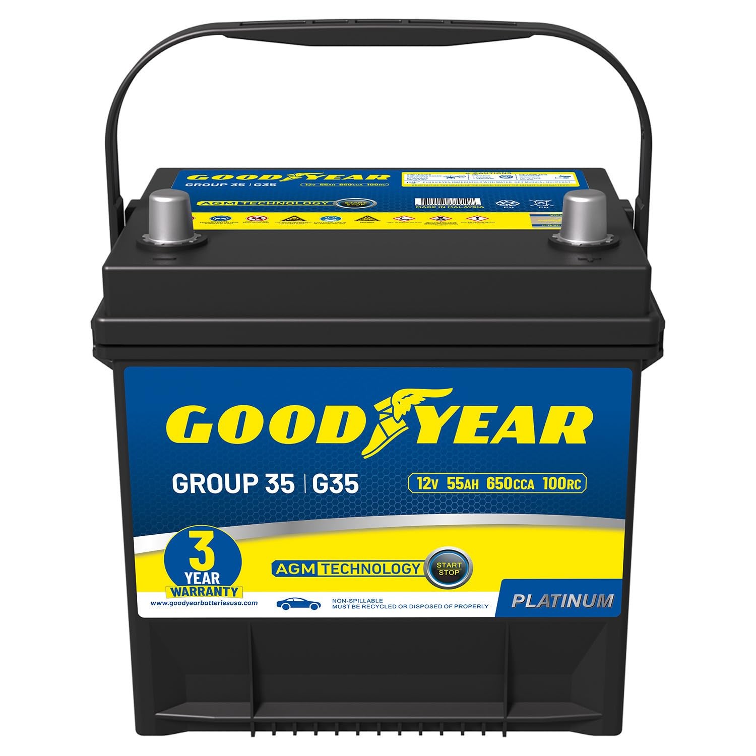 Goodyear 35-AGM BCI Group Size 35 12V 55 AH, 100RC, 650 Standard, Standard 