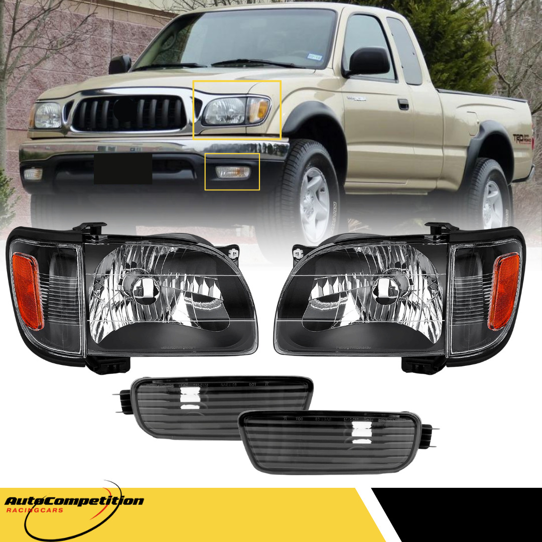 For 2001-2004 Toyota Tacoma Front Headlights Black Headlamps & Bumper Light Pair