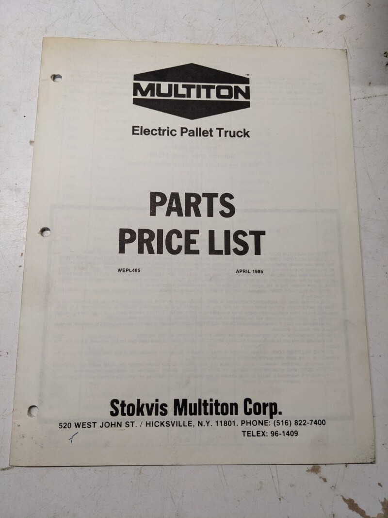MULTITON ELECTRIC PALLET TRUCK PARTS PRICE LIST 1985 WEPL485