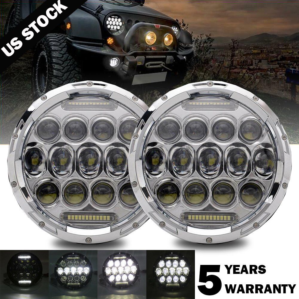 Pair 7 Inch Round LED Headlights Chrome HI-LO for Chevy C10 Camaro Pickup Truck