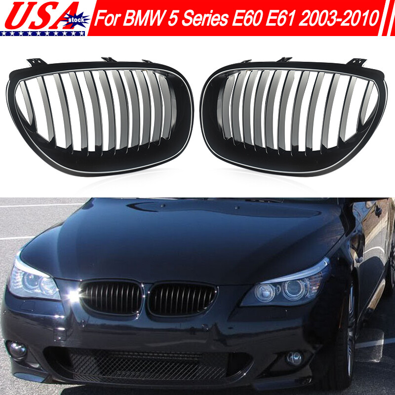 Pair Gloss Black Front Kidney Grille For BMW E60 E61 550i 530i 535i M5 2003-2010