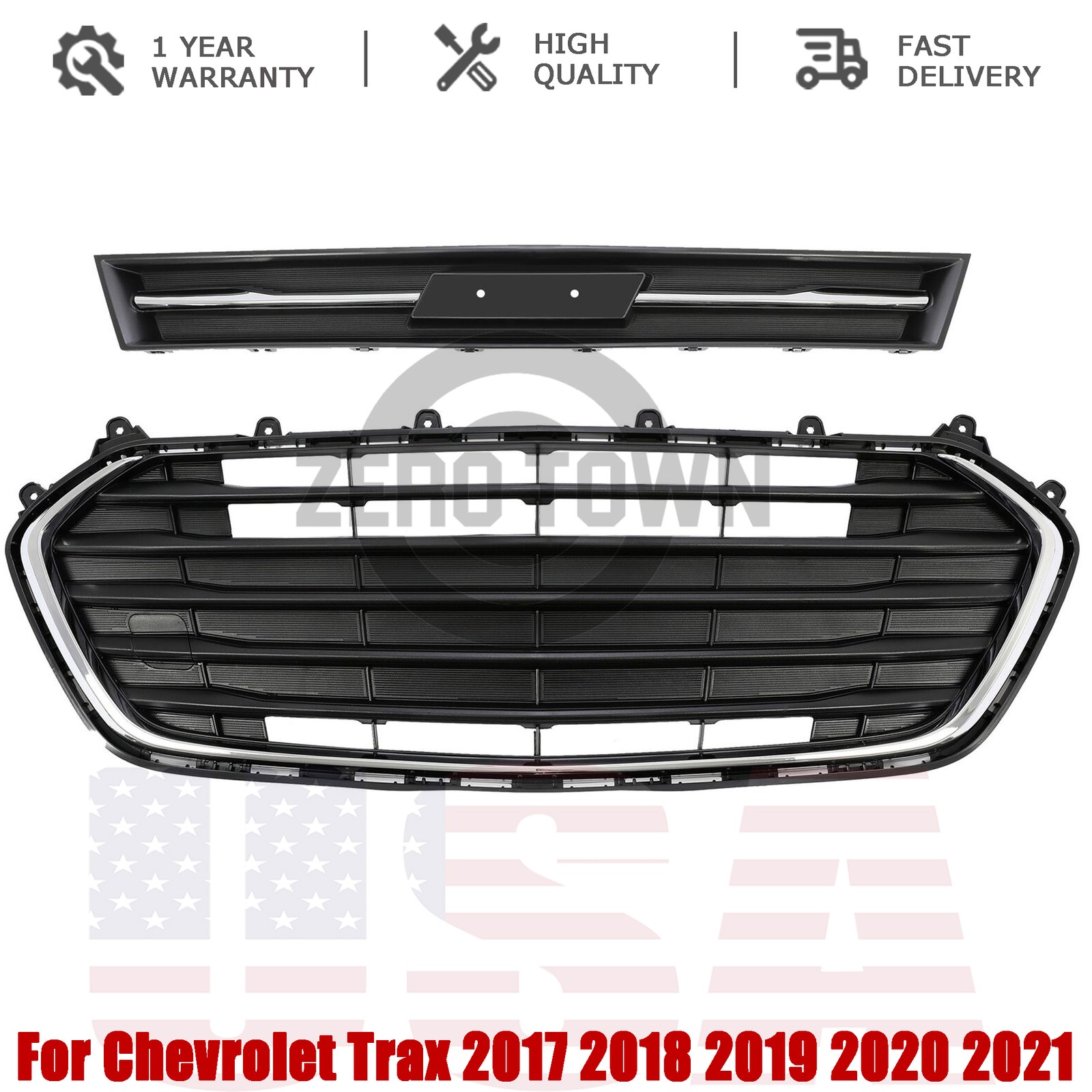 For Chevrolet Trax 2017-2021 Front Upper and Lower Grille Set Black Chrome 2PCS