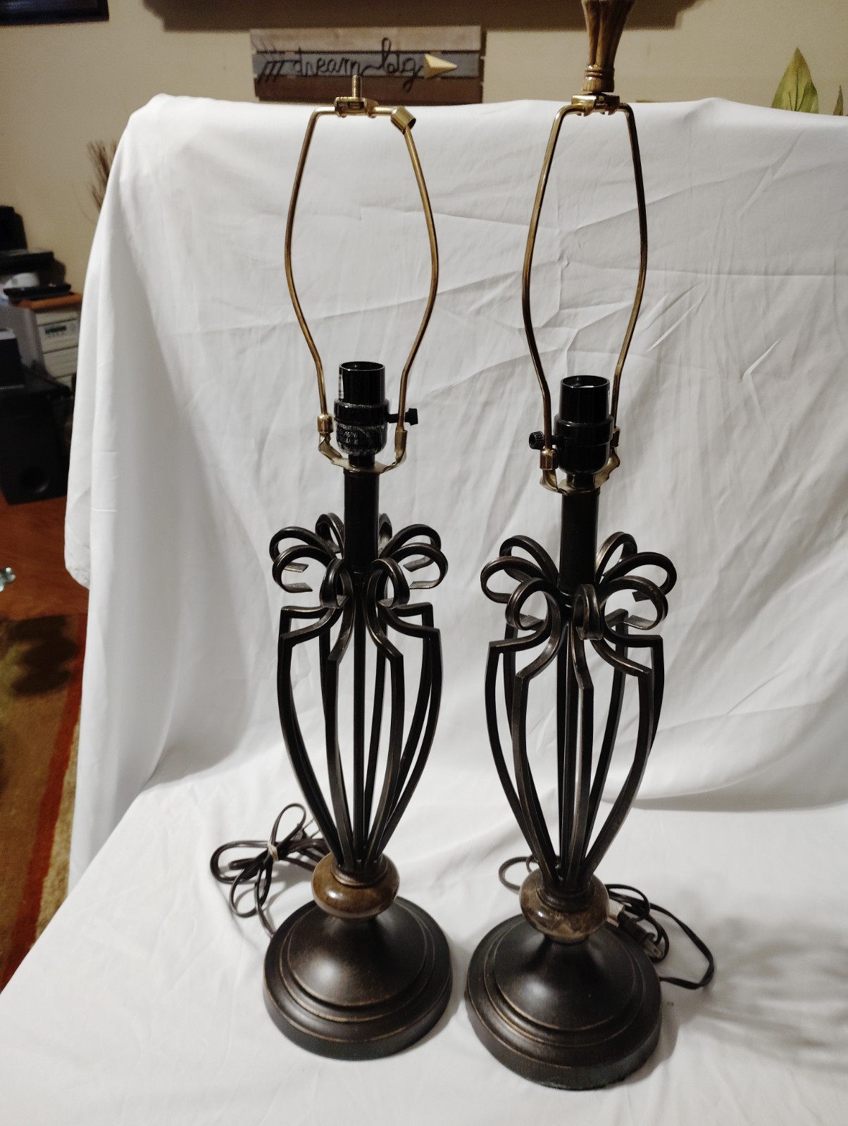 Pair Vintage Black Metal Open Cage Table Lamps Wrought Iron Pair Vintage Black Metal Open Cage Table Lamps Wrought Iron