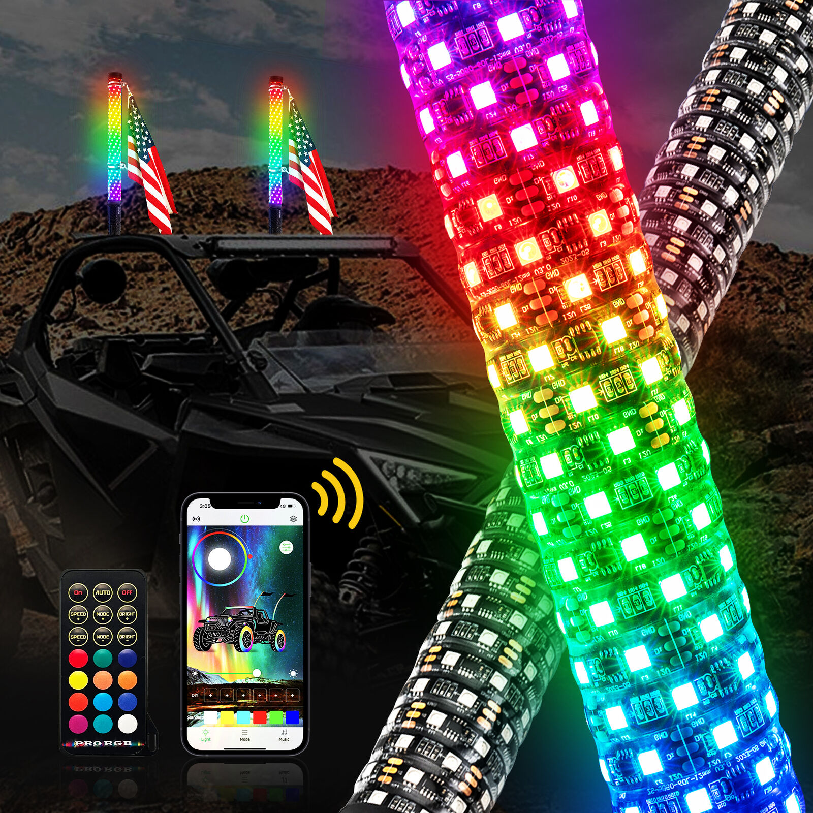 Pair 2FT Fat 2.0'' Thick LED Spiral Chasing RGB Whip Lights For Kawasaki UTV ATV
