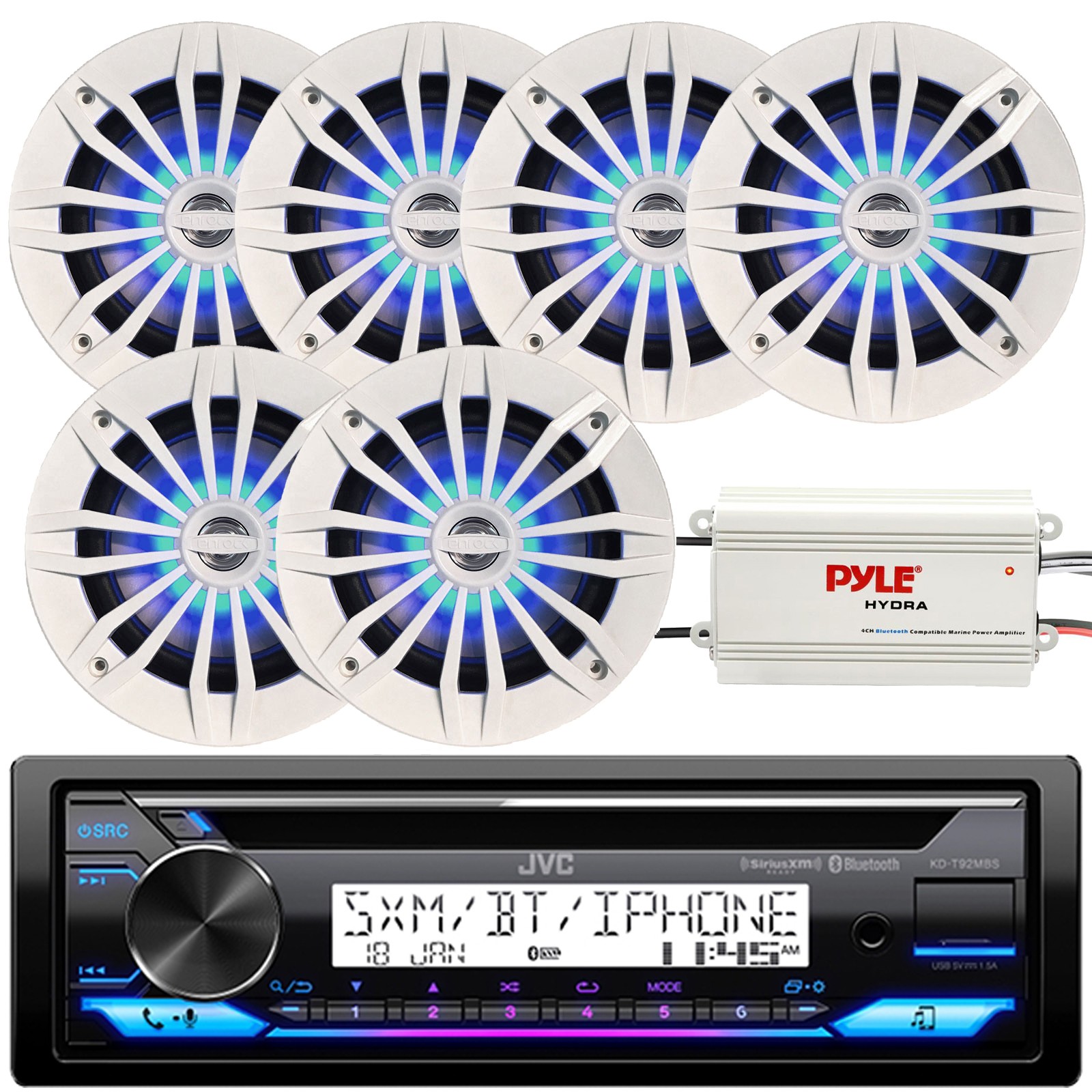 JVC KD-T92MBS Single DIN Marine CD Receiver, 6x 6.5'' 180W LED Speakers, Amp