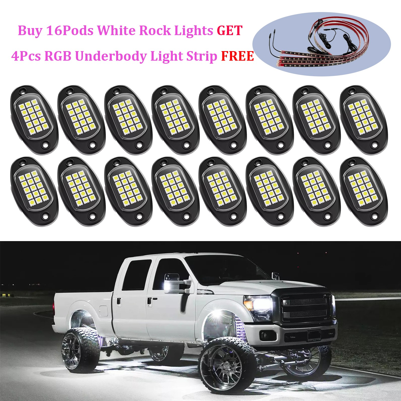 16x Pure White LED Rock Light Pods for Truck Car Neon Underglow Wheel Well Light