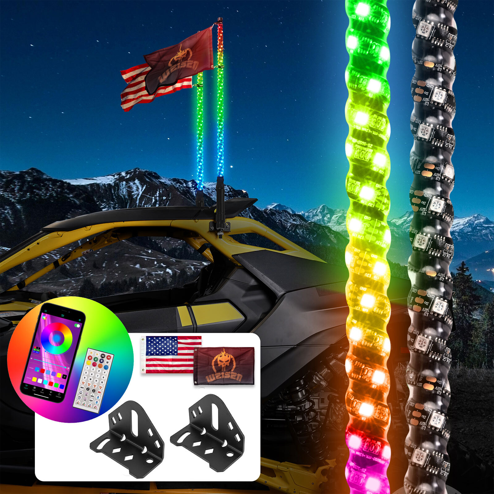 2pcs 4FT LED RGB Whip Lights RF Remote & Whip Light Mounts Fit Can Am Maverick R