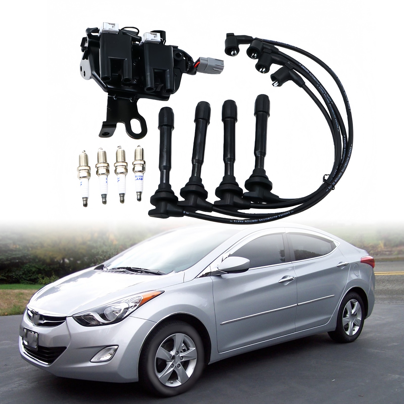 New Ignition Coil X1 & Iridium X4 Spark Plugs & Wires X4 for Hyundai Elantra Kia