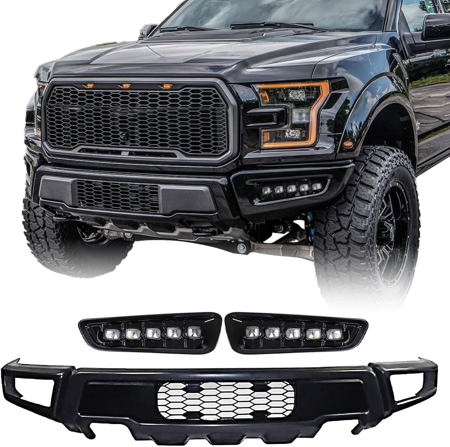 Front Bumper For 2018-2020 F-150 Glossy Charcoal Raptor Style with Fog Lights