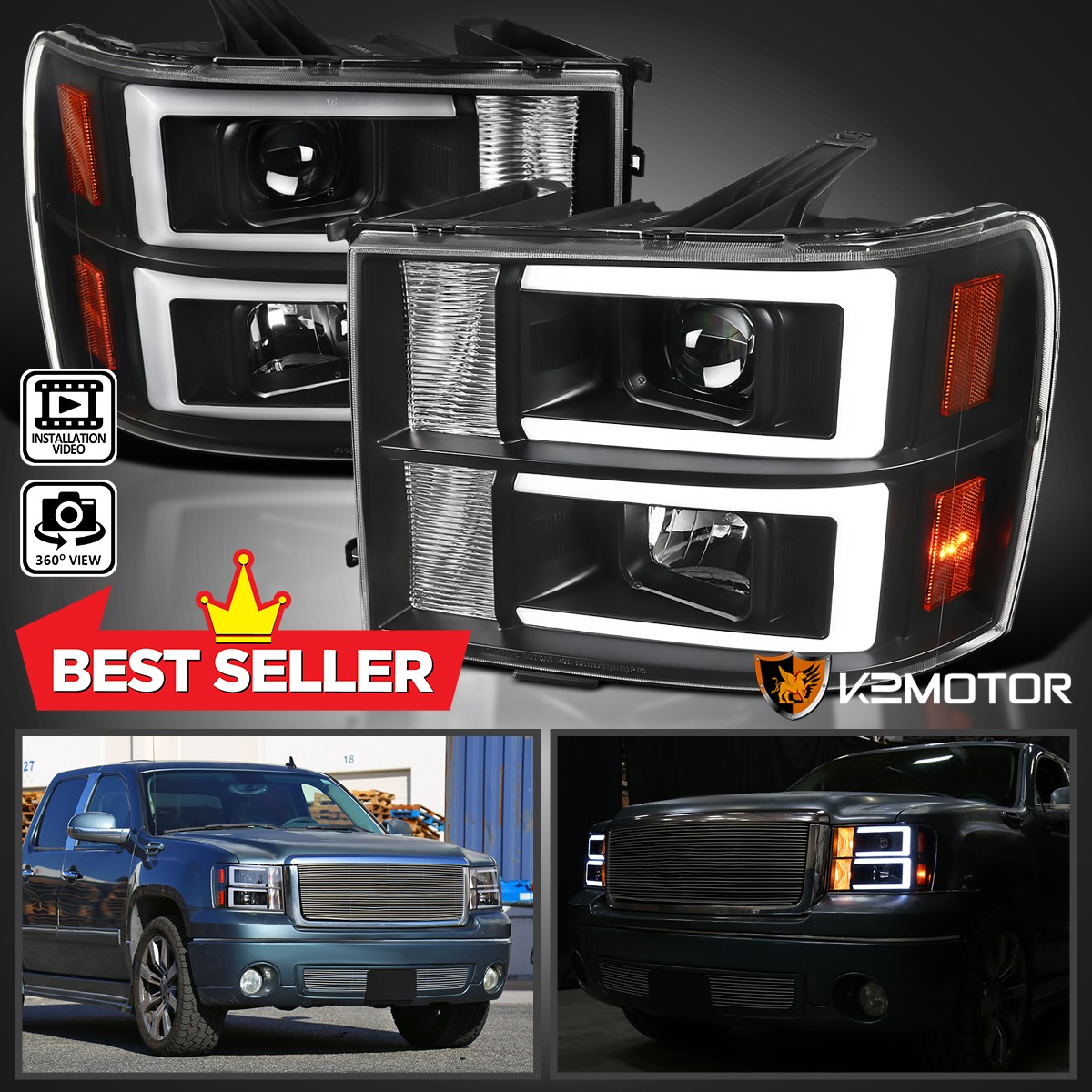 Black Fits 2007-2013 GMC Sierra 1500 2500HD 3500HD LED Tube Projector Headlights