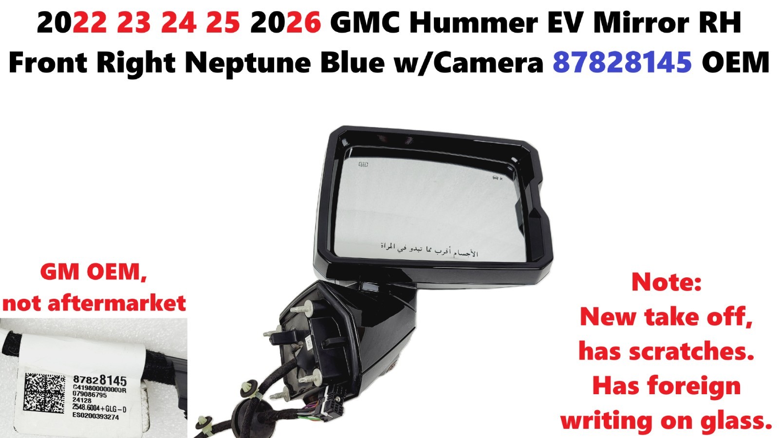 OEM 2022-2026 GMC Hummer EV Mirror RH Front Right Neptune Blue w/Camera 87828145