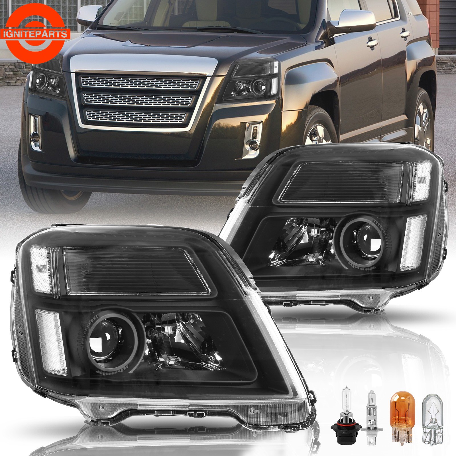 For 2010-2015 GMC Terrain Halogen Projector Black Headlights Headlamp Left&Right