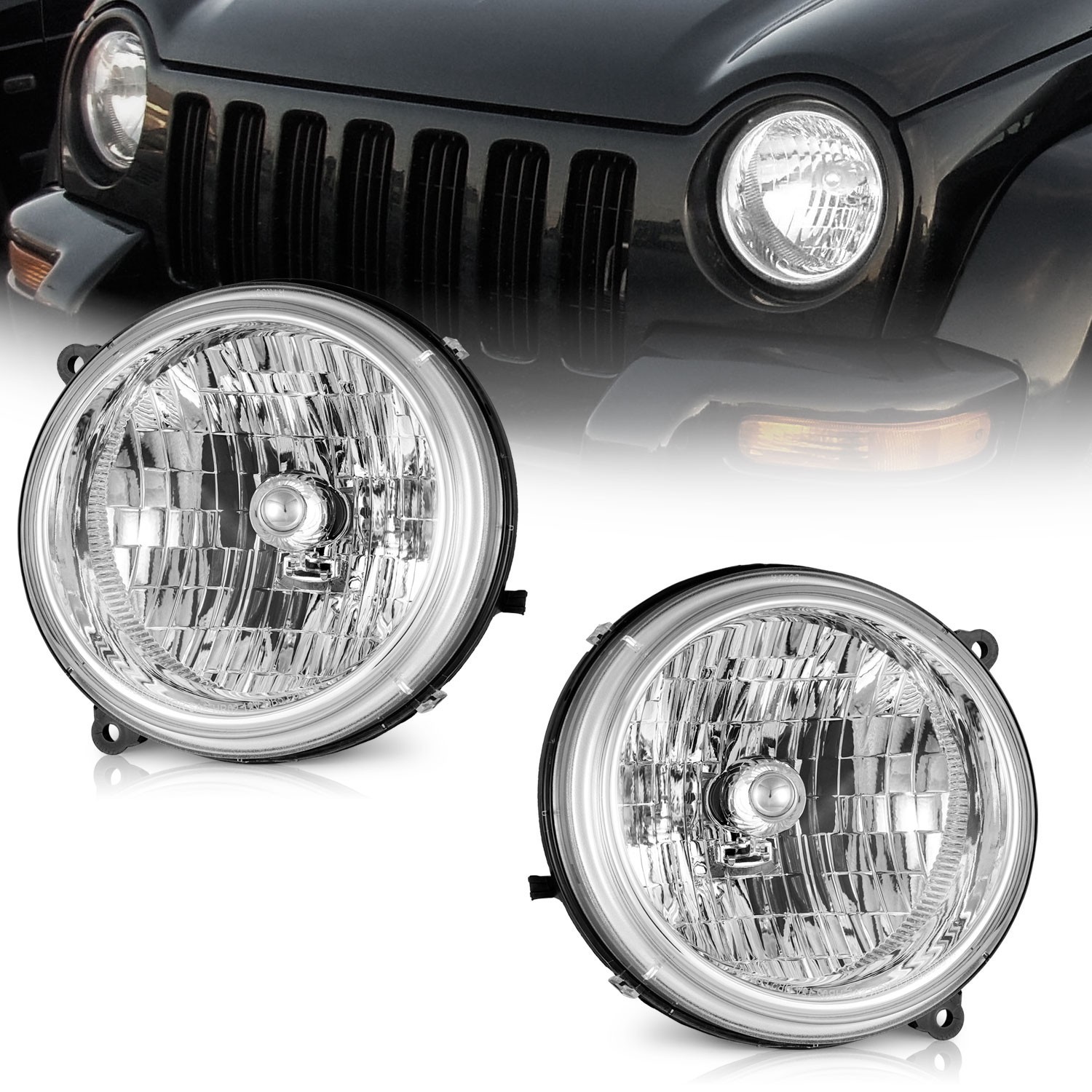 Pair Headlights Left &Right For 2002-2004 Jeep Liberty Chrome Headlamps