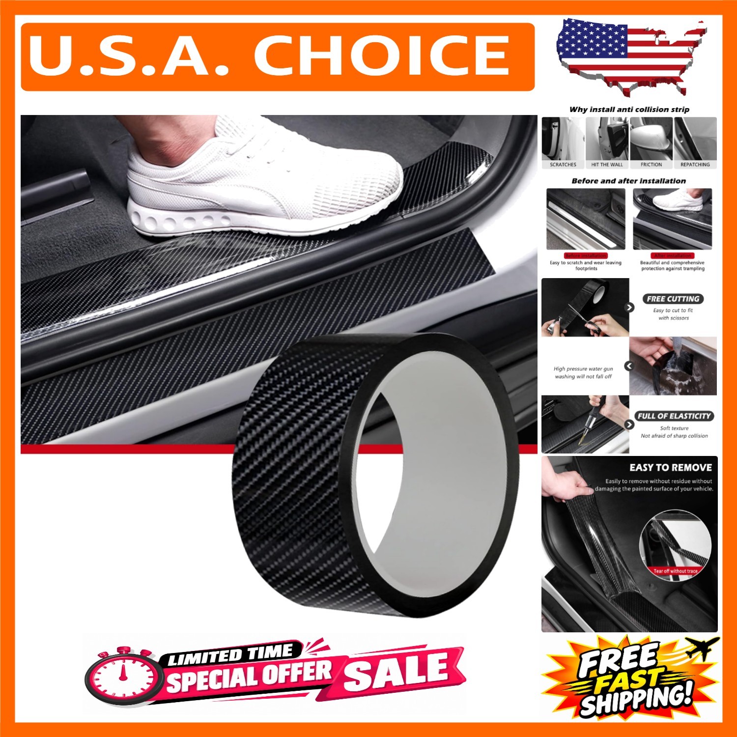 CloudBuyer Universal Car Door Edge Protector, Carbon Fiber 5D Gloss Black Vinyl