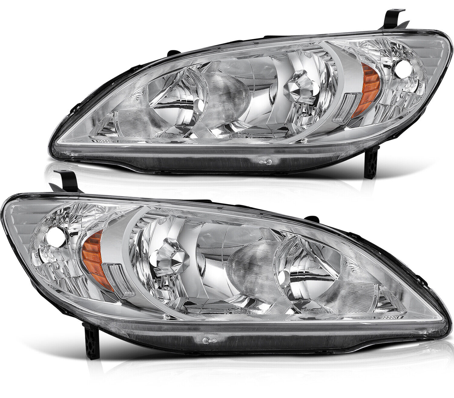 Headlights Assembly For 2004-2005 Honda Civic Chrome Front Left+Right Pair Lamps