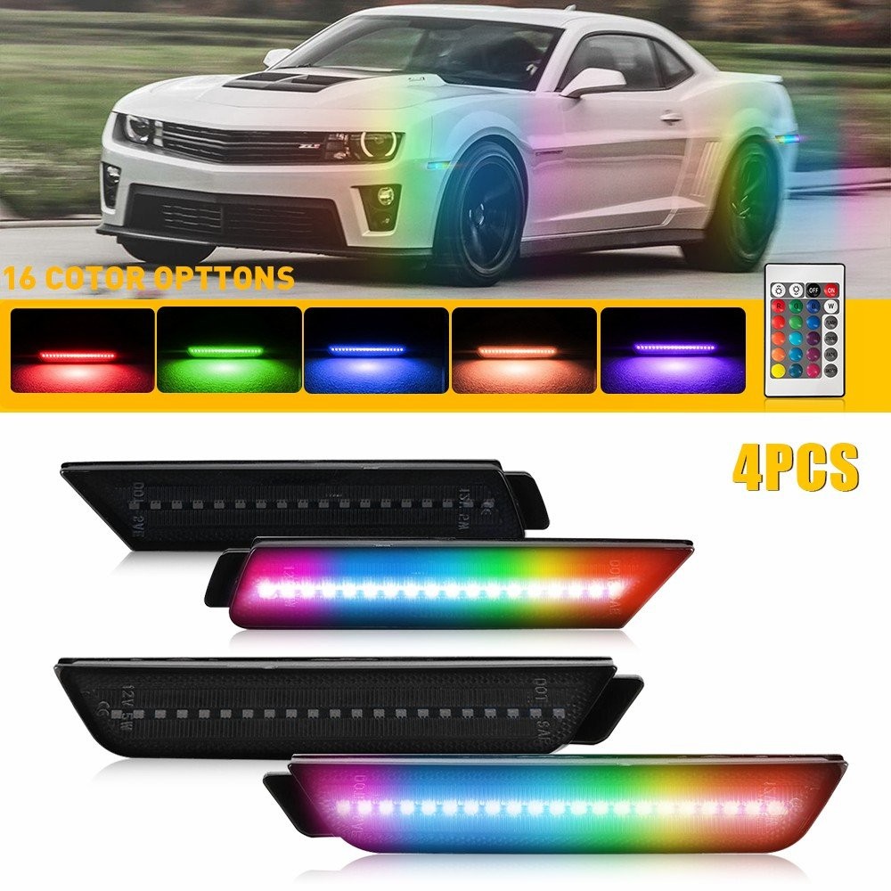 4x Dynamic RGB LED Side Marker Lights For Chevrolet Camaro 2010-2015 Smoked Lens