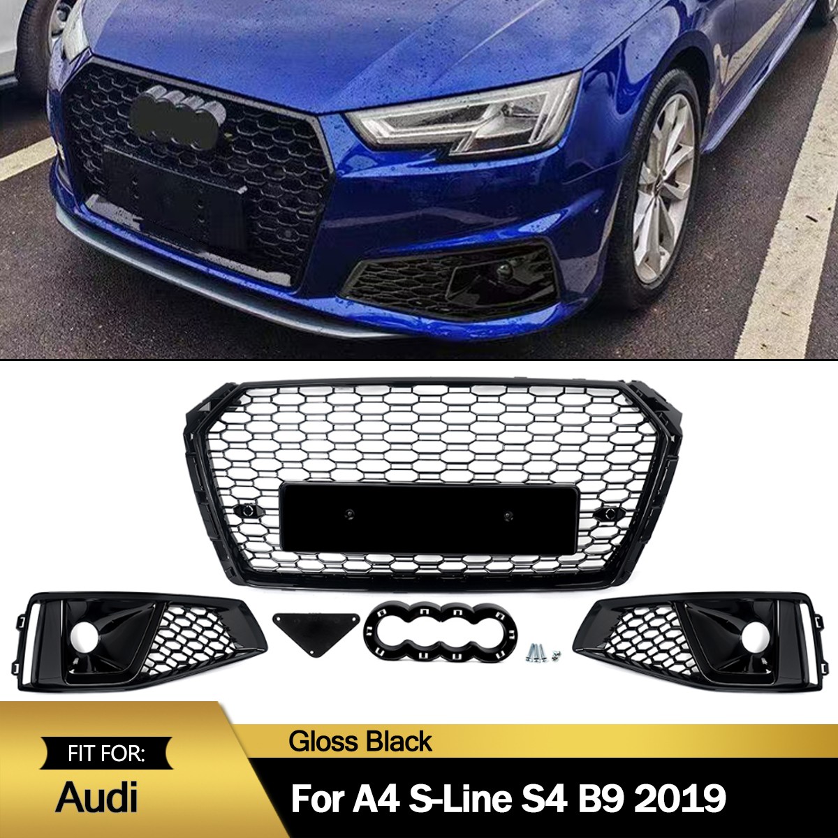 Honeycomb Front Bumper Grill Fog Light Grille Covers For 2019 Audi A4 S-Line S4