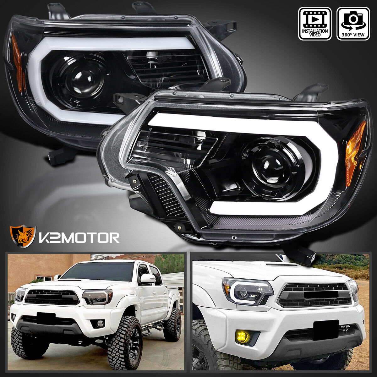Jet Black Fits 2012-2015 Toyota Tacoma LED Bar Projector Headlights Lamps L+R