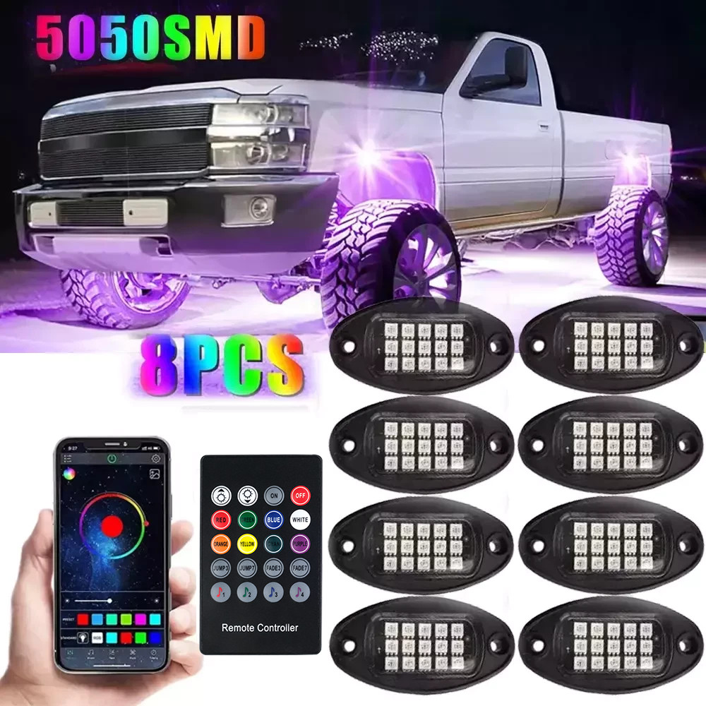 8Pods RGB LED Rock Lights Offroad Music Wireless Bluetooth Underglow Neon Lights