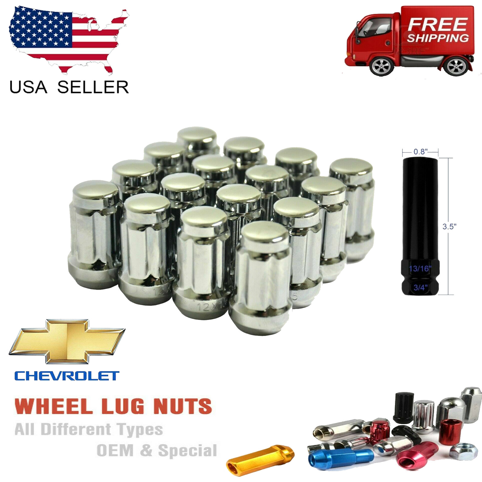 20PC CHROME 7/16-20 SPLINE LUG NUTS +KEY[FITS:CHEVY]