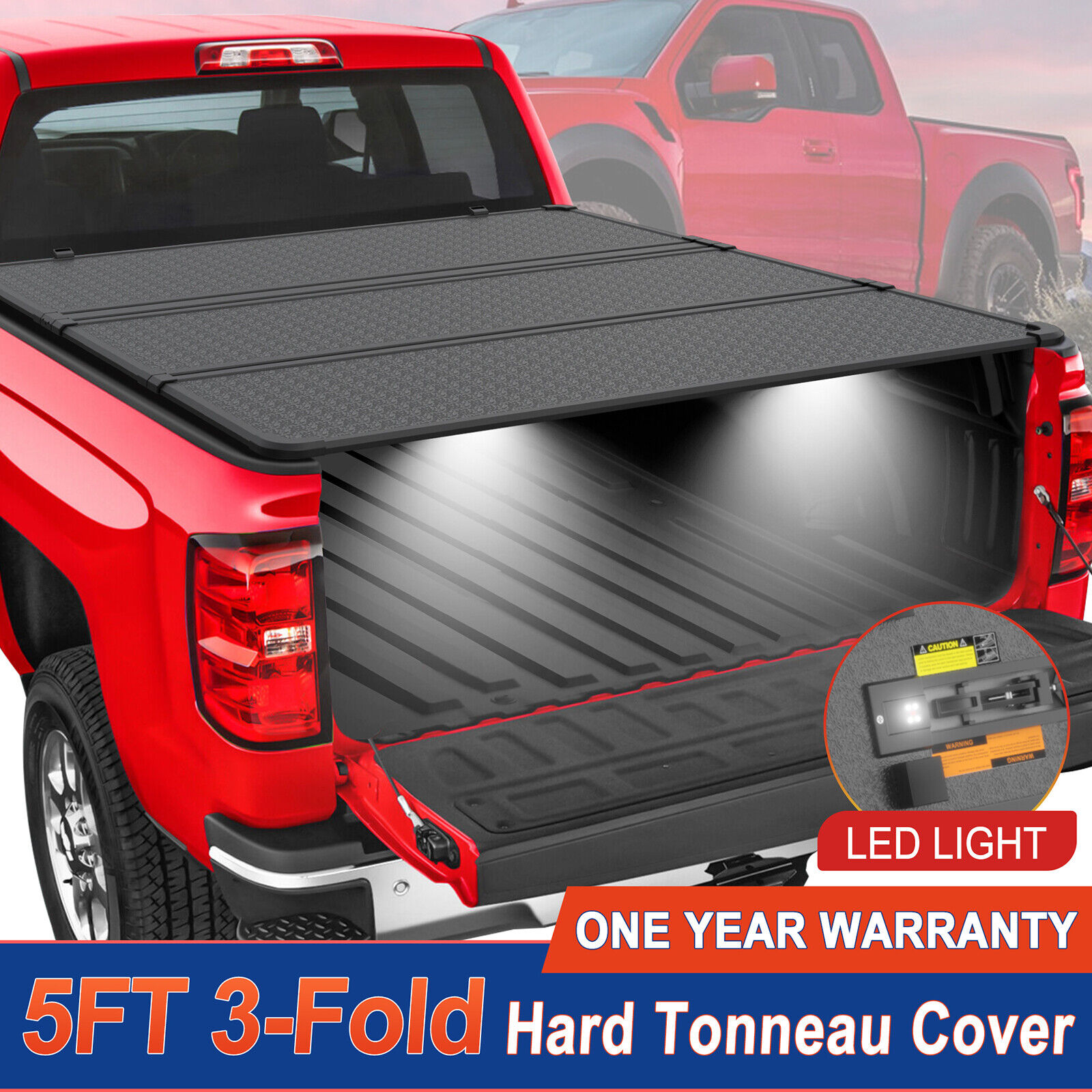 5FT 3-Fold Hard Solid Tonneau Cover For 2020-2024 Jeep Gladiator Truck Bed w/LED