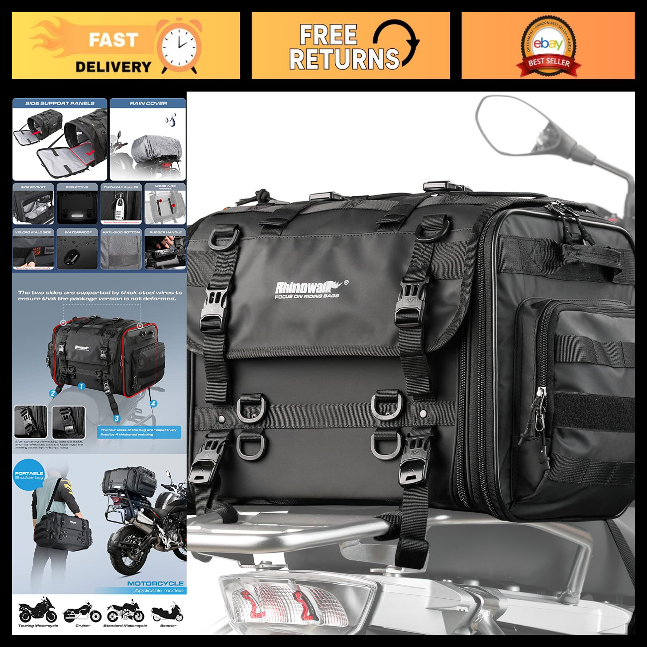 Expandable 60L Waterproof Motorcycle Tail Bag, All-Weather Travel Luggage with S