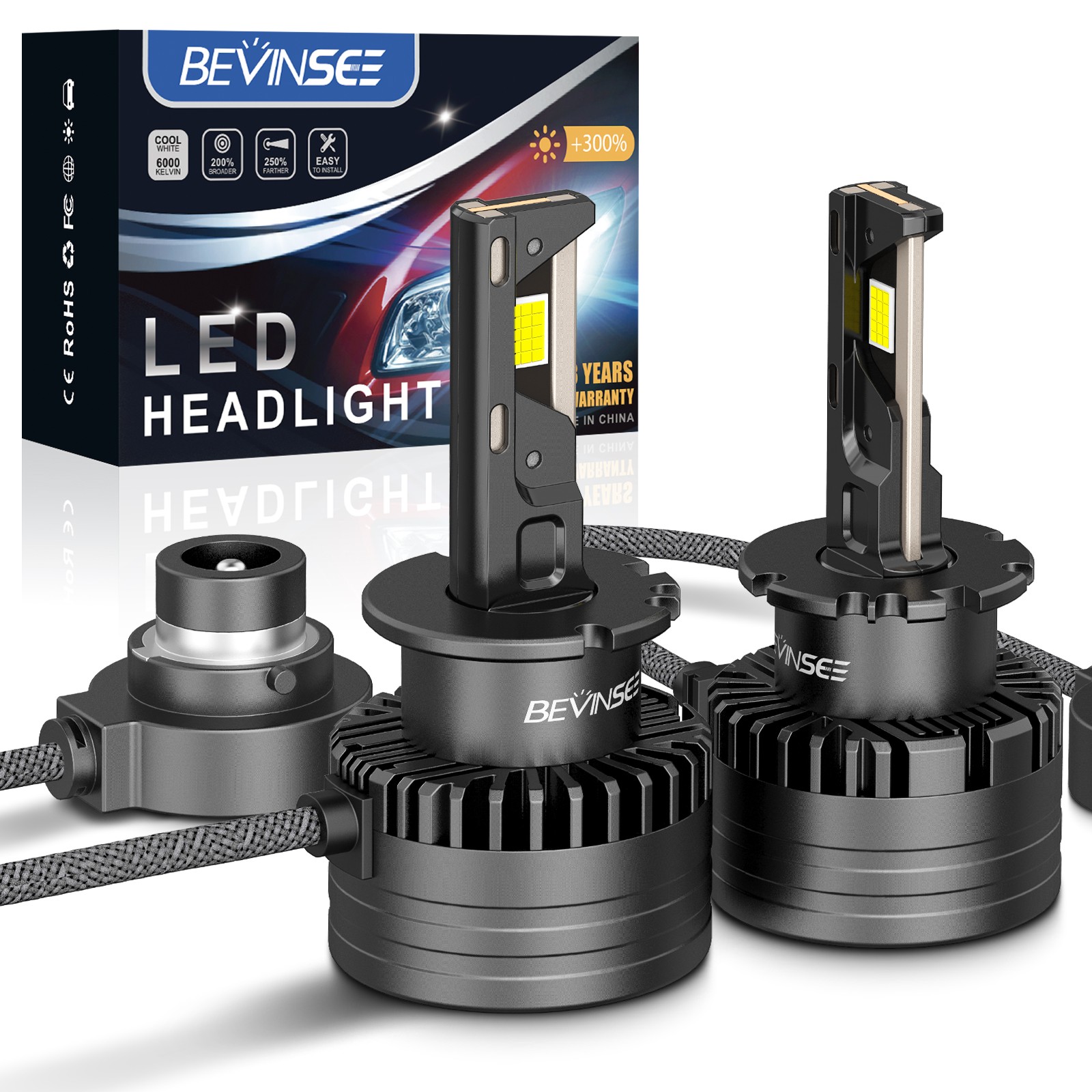 BEVINSEE D2S D2R LED Headlight Bulbs 6000K Bright Xenon White HID High Low Beam
