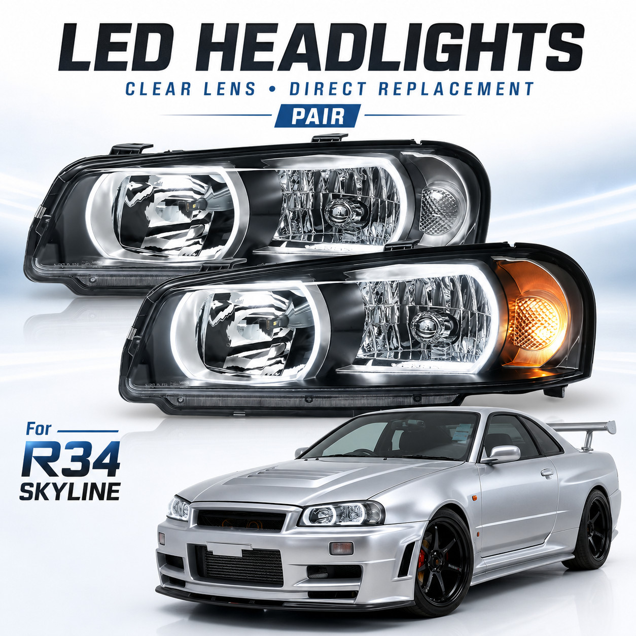 Pair LED Headlights For 1998-2002 Nissan Skyline GTR GT-R R34 BNR34 GTT ER34 Pair LED Headlights For 1998-2002 Nissan Skyline GTR GT-R R34 BNR34 GTT ER34