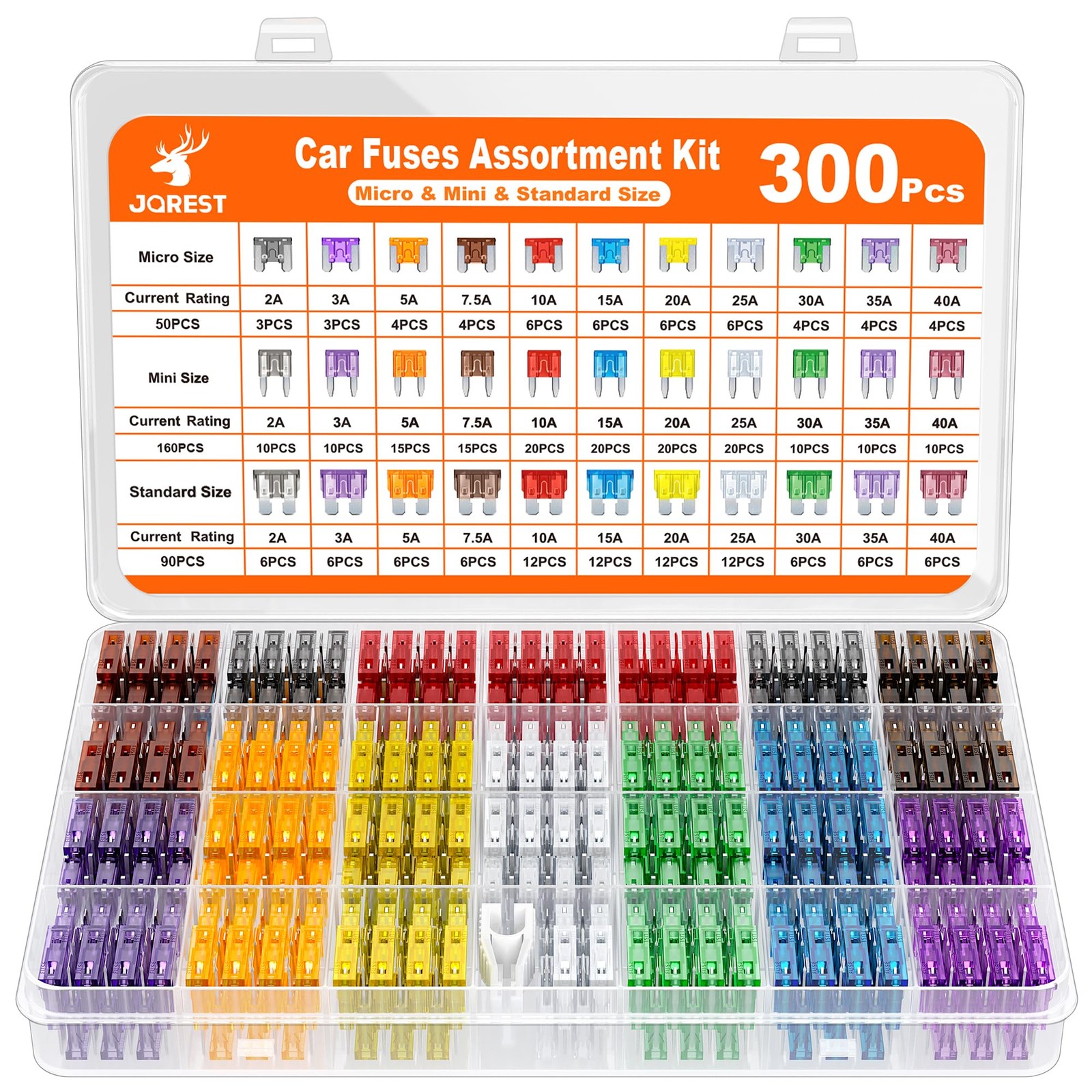 JOREST 300Pcs Car Fuse Assortment Kit, 160 Mini Blade Fuses Automotive + 90...